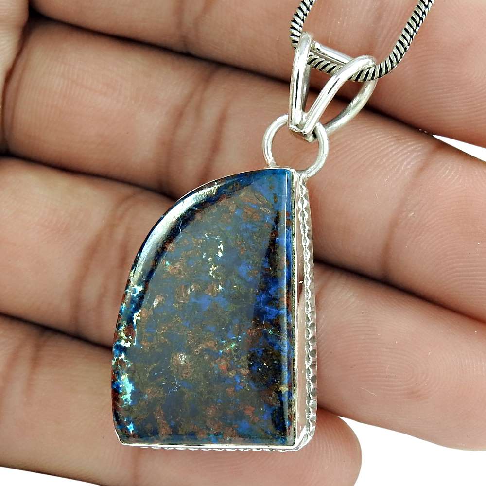 Natural Azurite Gemstone Pendant Ethnic 925 Sterling Silver For Women B31