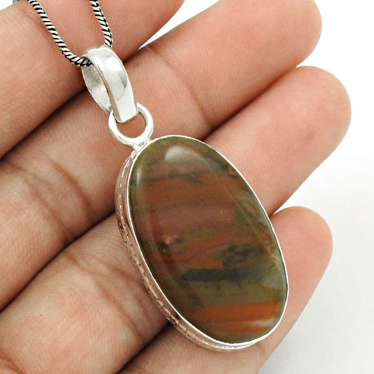 Natural Imperial Jasper Gemstone Pendant Vintage 925 Sterling Silver Jewelry O35