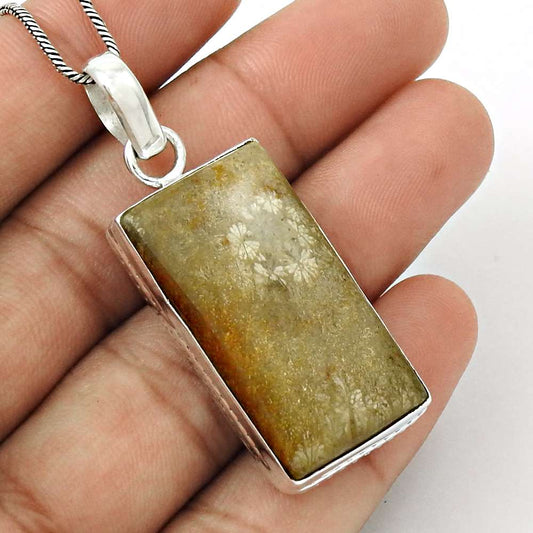 Natural Fossil Coral Gemstone 925 Sterling Silver Pendant Bohemian For Women R35