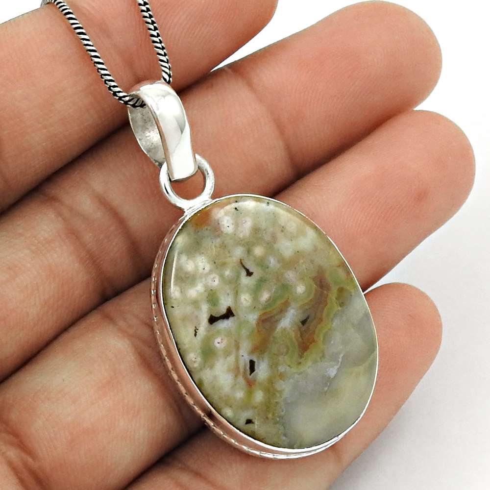Wedding Gift For Her 925 Silver Natural Ocean Jasper Pendant Bohemian A36