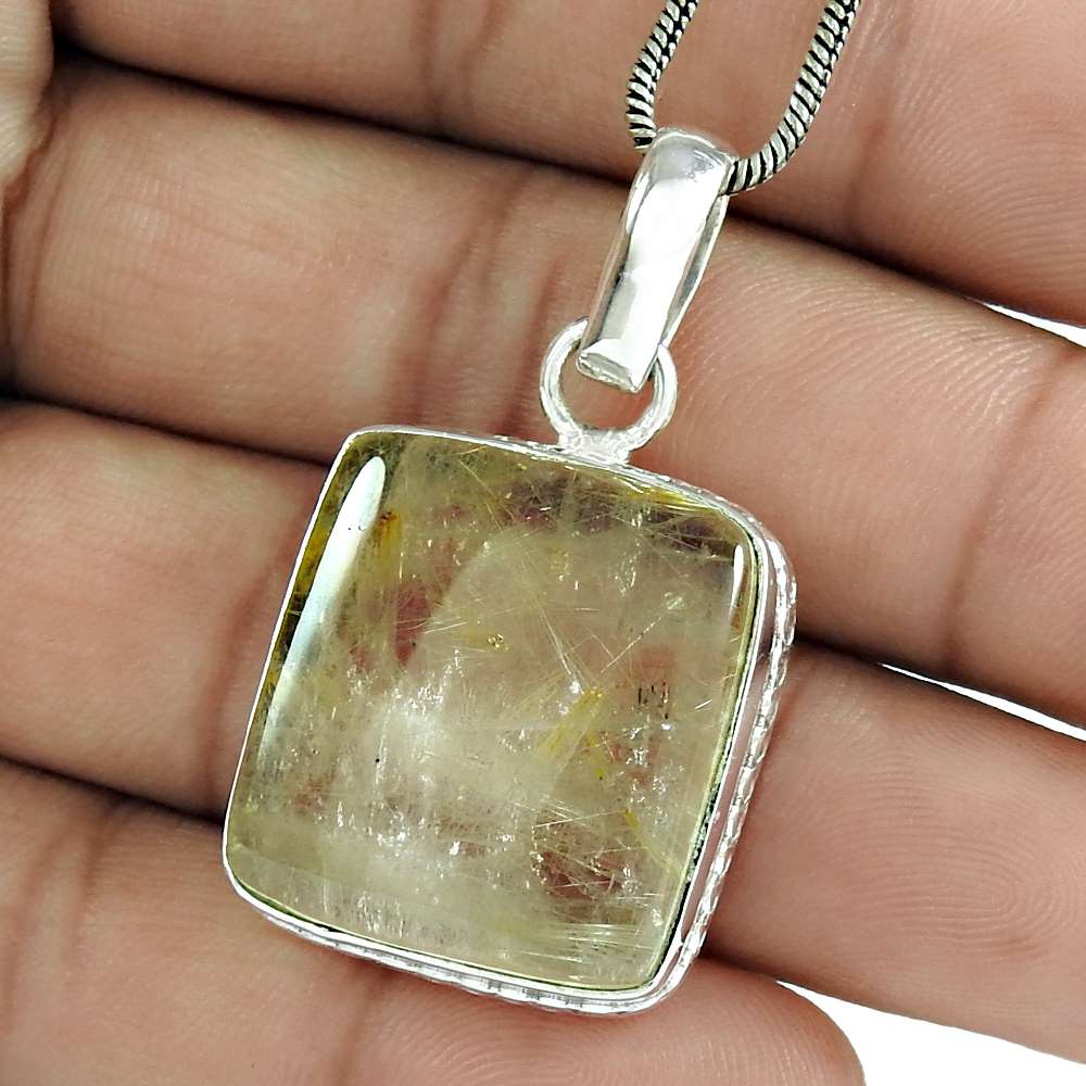 Natural Golden Rutile Gemstone Pendant Tribal 925 Sterling Silver For Girls Q1