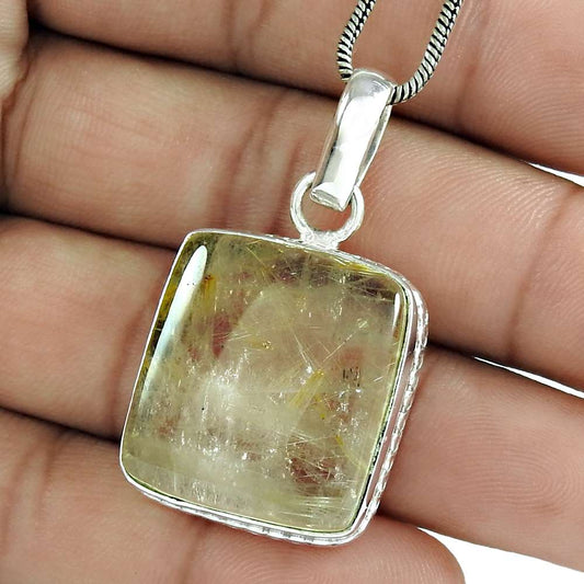 Natural Golden Rutile Gemstone Pendant Tribal 925 Sterling Silver For Girls Q1