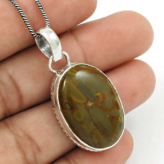 Gift For Her 925 Silver Natural Mushroom Rhyolite Gemstone Pendant Vintage J36