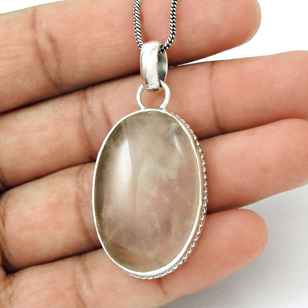 Natural Rose Quartz Gemstone Pendant Boho Pink 925 Sterling Silver Jewelry L36