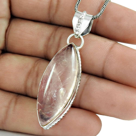 Natural Rose Quartz Gemstone Pendant Boho 925 Sterling Silver For Women B7