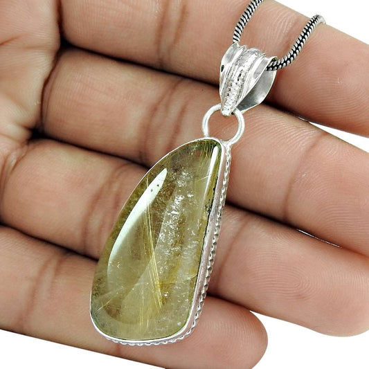 Halloween Gift Pendant 925 Sterling Silver Natural Golden Rutile Gemstone V11
