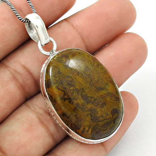 Natural Mushroom Rhyolite Gemstone Pendant Stylish Brown 925 Sterling Silver N36