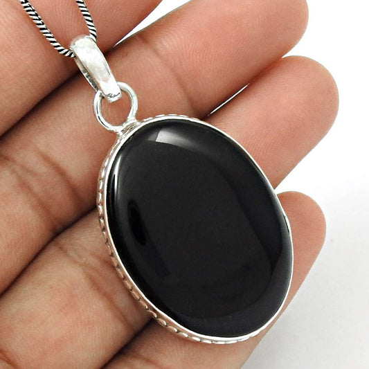 Natural Black Onyx Gemstone Pendant Ethnic 925 Sterling Silver For Girls O36