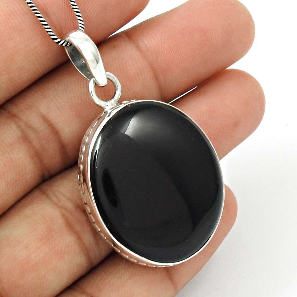 Natural Black Onyx Gemstone Pendant Vintage 925 Sterling Silver For Girls P36