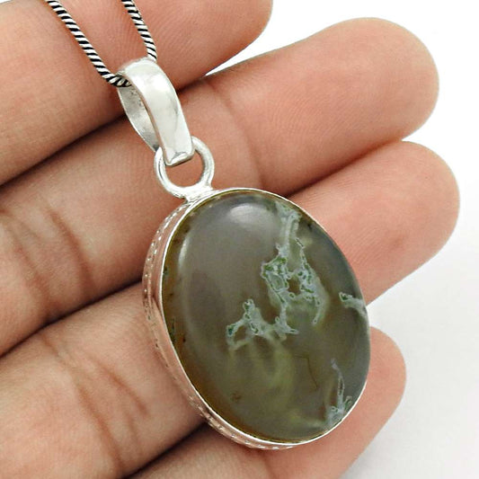 Natural Moss Agate Gemstone Pendant Bohemian 925 Sterling Silver Jewelry R36
