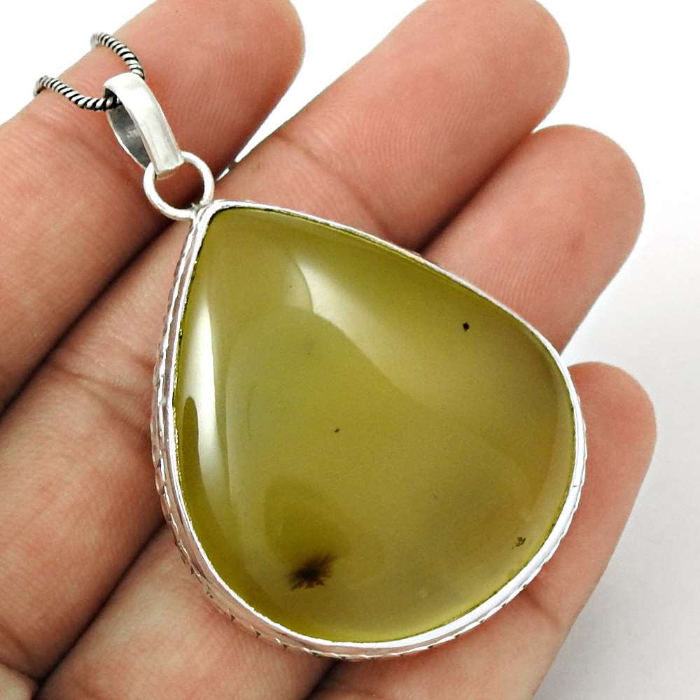 Natural Prehnite Gemstone Pendant Ethnic 925 Sterling Silver Indian Jewelry E37