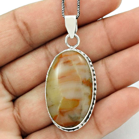 Natural Jasper Gemstone Pendant Vintage 925 Sterling Silver For Women J37