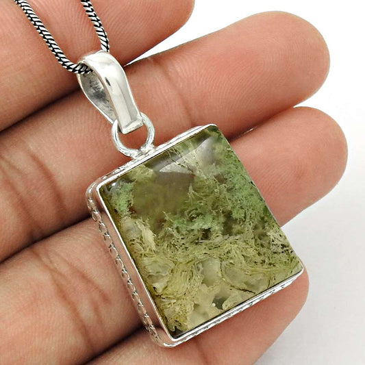 Natural Moss Agate Gemstone Pendant Tribal 925 Sterling Silver Jewelry K37