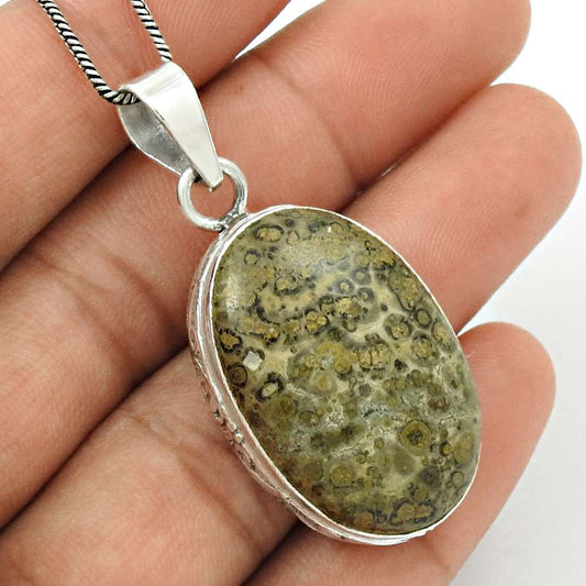 Gift For Women Pendant Ethnic 925 Silver Natural Crinoid Fossil Gemstone U37