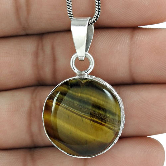 Natural Tiger'S Eye Gemstone Pendant Boho Brown 925 Sterling Silver Jewelry A8