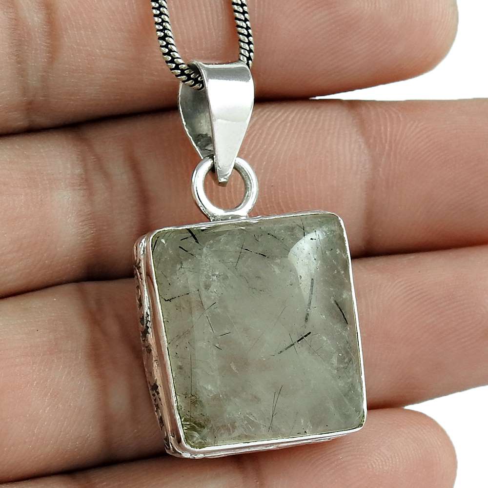 Beautiful 925 Sterling Silver Black Rutile Gemstone Pendant Jewelry D30