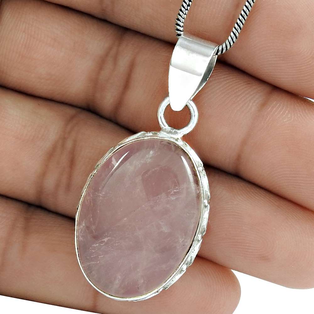 Birthday Gift For Her Natural Rose Quartz Pendant Bohemian 925 Silver R16