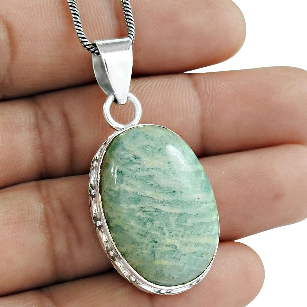 Natural Amazonite Gemstone Pendant Vintage Blue 925 Sterling Silver Jewelry A57
