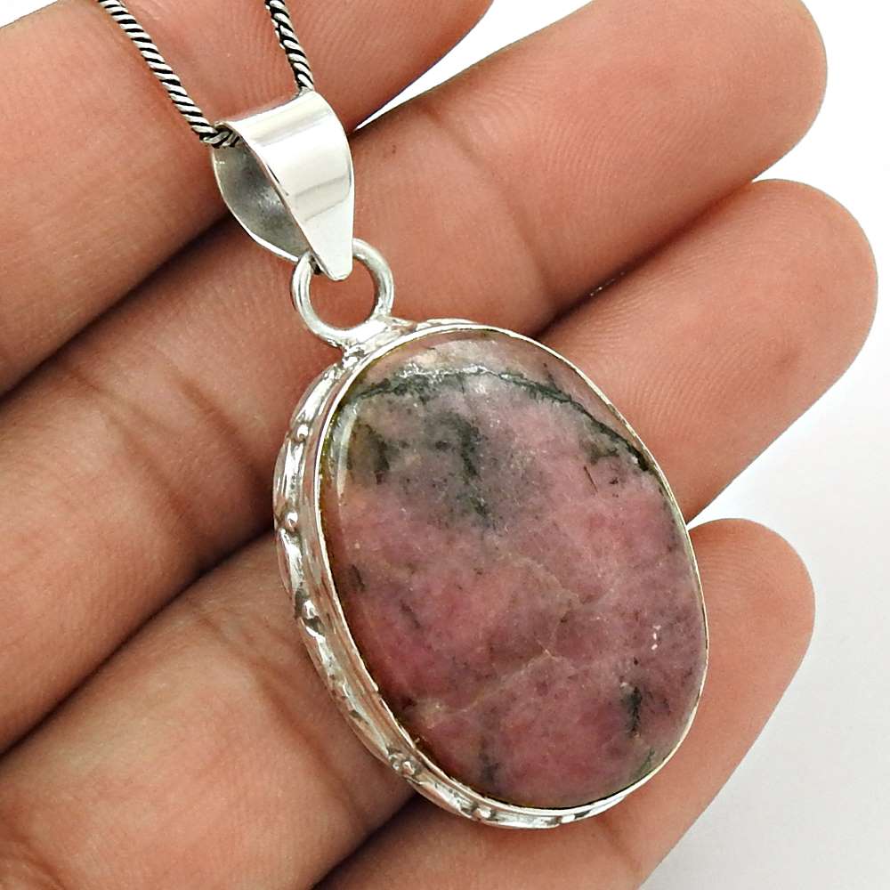 Wedding Gift For Her 925 Silver Natural Rhodonite Gemstone Pendant Ethnic G38