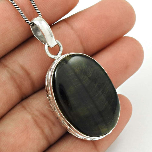 Gift For Women Pendant Tribal 925 Silver Natural Tiger'S Eye Gemstone I38