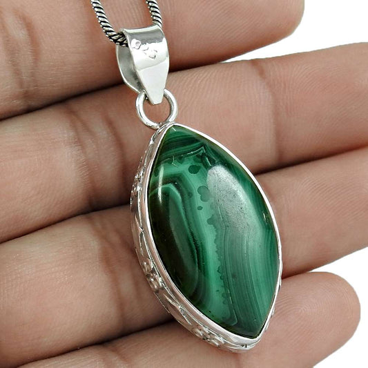 Natural Malachite Gemstone Pendant 925 Sterling Silver Indian Jewelry C13