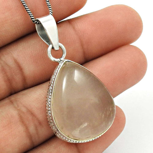 Gift For Her 925 Silver Natural Rose Quartz Gemstone Pendant Bohemian P38