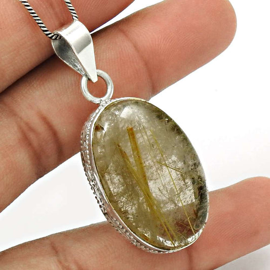 Gift For Her 925 Silver Natural Golden Rutile Gemstone Pendant Ethnic U1
