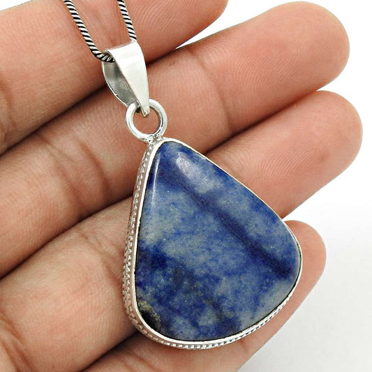 Natural Sodalite Gemstone Pendant Boho Blue 925 Sterling Silver Jewelry V1
