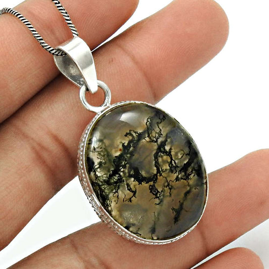 Natural Moss Agate Gemstone Pendant Boho 925 Sterling Silver For Women V5