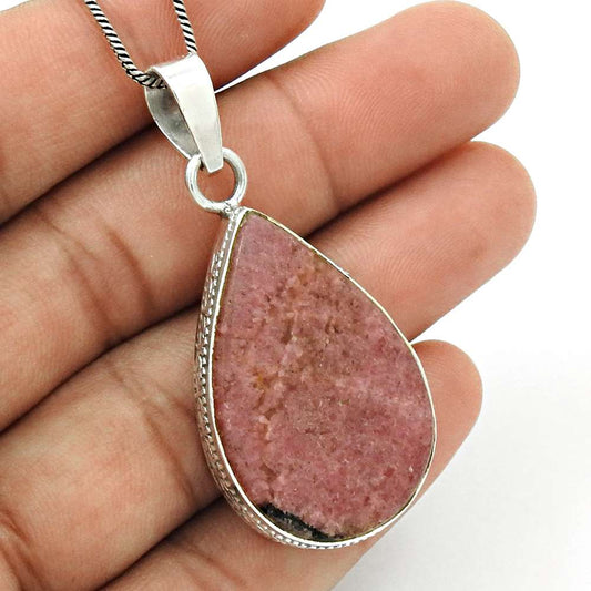 Natural Rhodonite Gemstone Pendant Stylish 925 Sterling Silver For Women X1