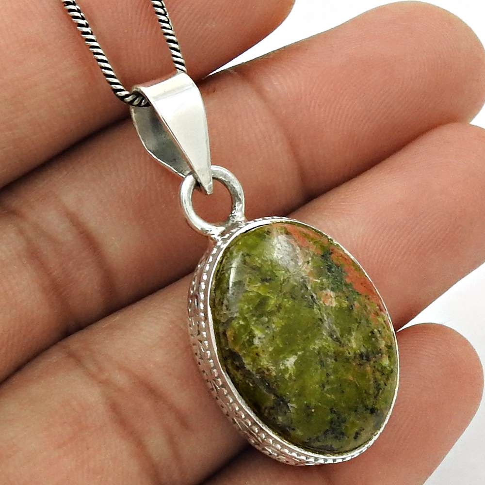 Natural Unakite Gemstone Pendant Bohemian Green 925 Sterling Silver Jewelry U38