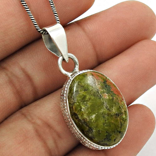 Natural Unakite Gemstone Pendant Bohemian Green 925 Sterling Silver Jewelry U38