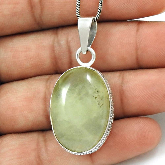 Natural Prehnite Gemstone Pendant Ethnic 925 Sterling Silver For Girls C2