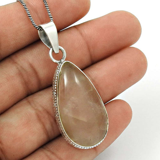 Gift For Her 925 Sterling Silver Natural Rose Quartz Gemstone Pendant Vintage D2
