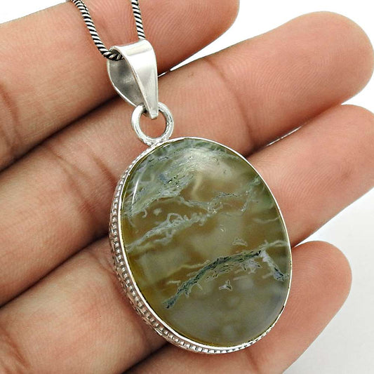 Natural Moss Agate Gemstone Pendant Stylish 925 Sterling Silver For Girls E2