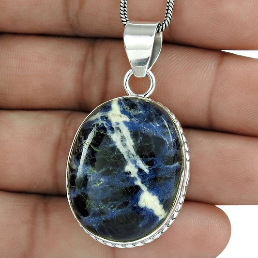 Natural Sodalite Gemstone Pendant Boho 925 Sterling Silver Indian Jewelry K39