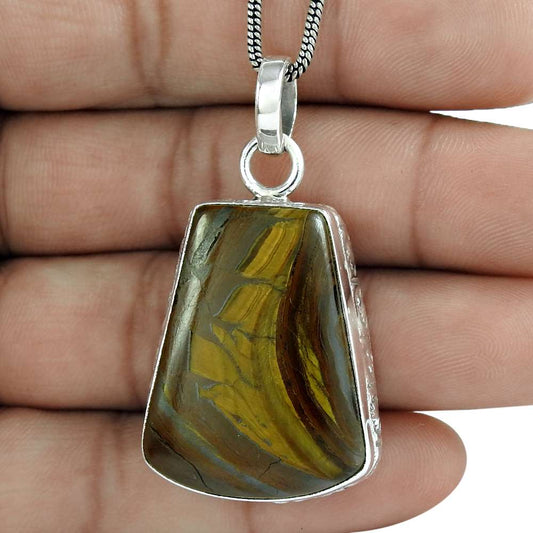 Anniversary Gift For Her Natural Iron Tiger'S Eye Pendant Tribal 925 Silver C8