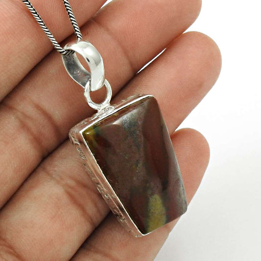 Natural Imperial Jasper Gemstone Pendant Boho Brown 925 Sterling Silver E2