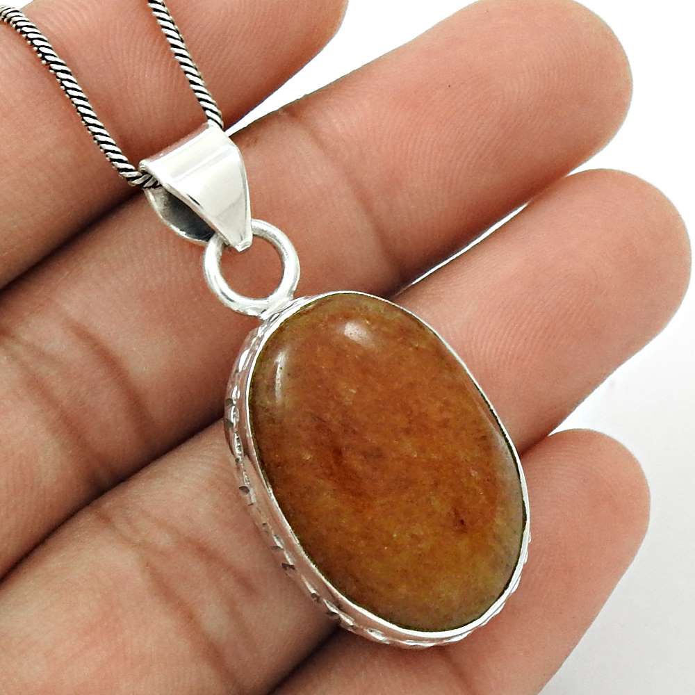Gift For Her 925 Sterling Silver Natural Aventurine Gemstone Pendant Vintage H1