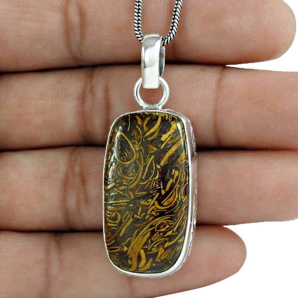Halloween Gift Natural Mariam Fossil Gemstone Pendant 925 Sterling Silver C7
