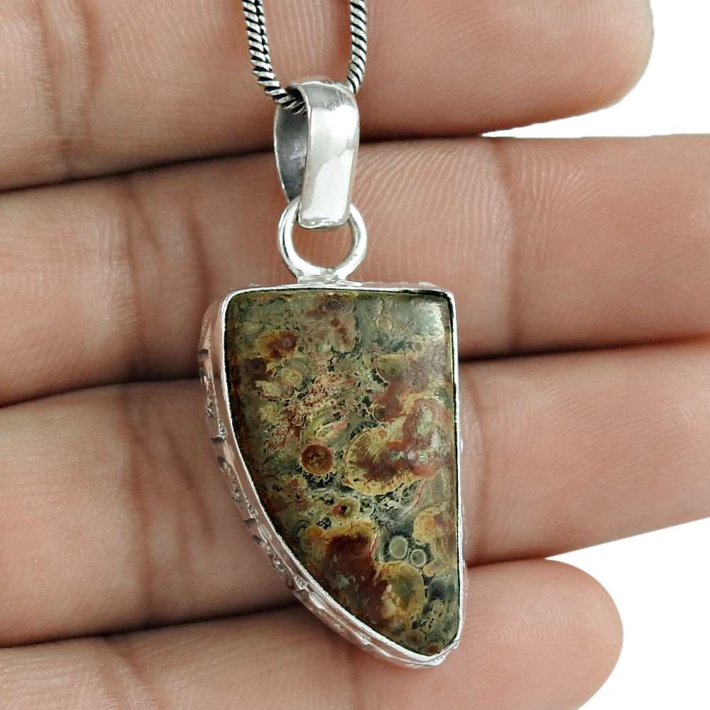 Wedding Gift For Her 925 Silver Natural Mushroom Rhyolite Pendant Vintage A13