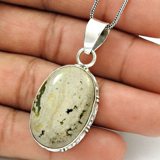 Natural Ocean Jasper Gemstone Pendant Vintage 925 Sterling Silver Jewelry T1