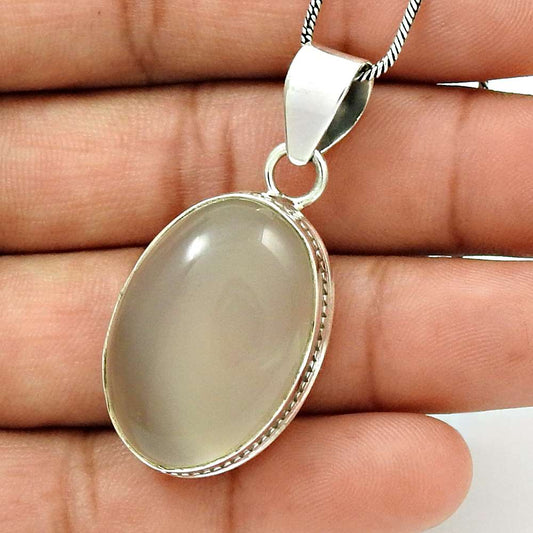Wedding Gift For Her 925 Silver Natural Chalcedony Gemstone Pendant Vintage J2