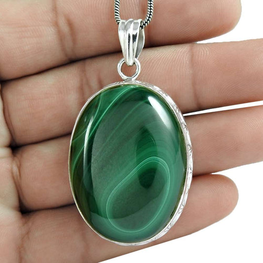Natural Malachite Gemstone Pendant 925 Sterling Silver Indian Jewelry J7