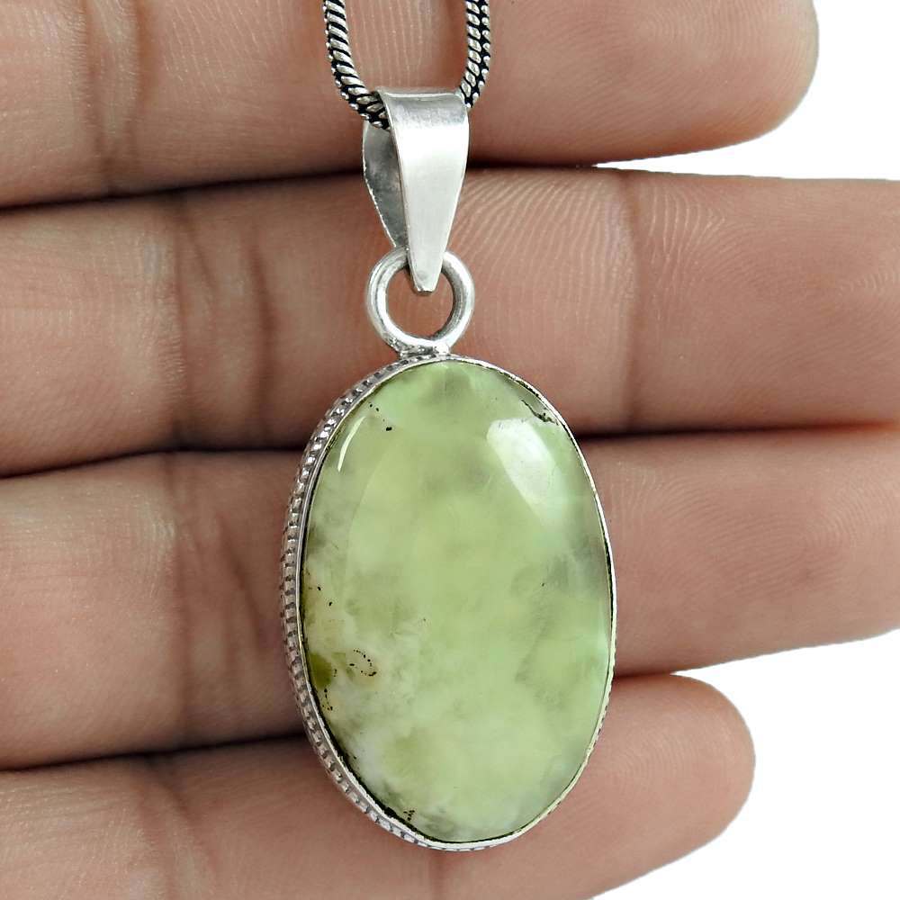Natural Prehnite Gemstone Jewelry 925 Sterling Silver Pendant O7