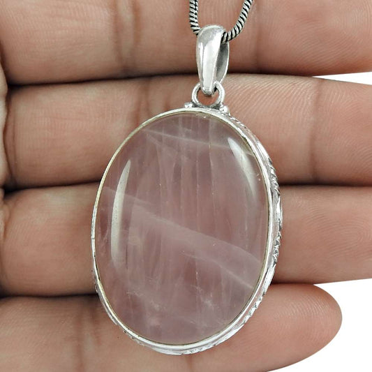 Natural Rose Quartz Gemstone Pendant Vintage 925 Sterling Silver For Girls E5