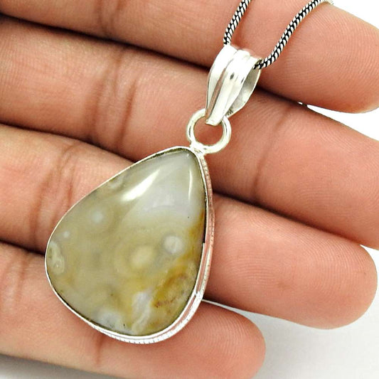 Natural Ocean Jasper Gemstone Pendant Ethnic 925 Sterling Silver For Women R2