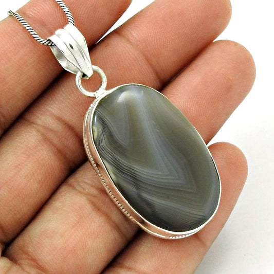Natural Botswana Agate Gemstone Pendant Boho 925 Sterling Silver Jewelry U2