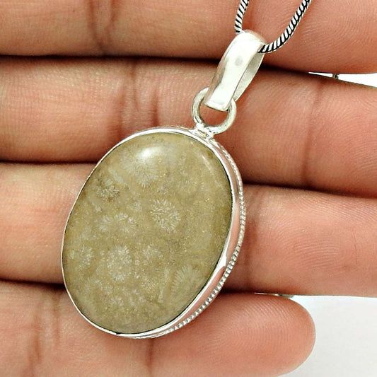 Gift For Her 925 Silver Natural Fossil Coral Gemstone Pendant Bohemian V2