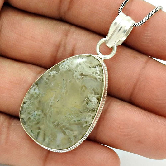 Natural Moss Agate Gemstone Pendant Stylish 925 Sterling Silver For Girls W2